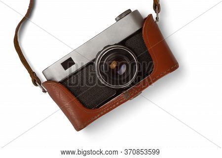 Noname Vintage Photo Camera With Leather Case. Isolated On White Background.