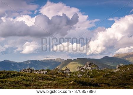 Green Valley Nature Landscape. Mountain Layers Landscape.dramatic Sky In Mountain Landscape. Meadows