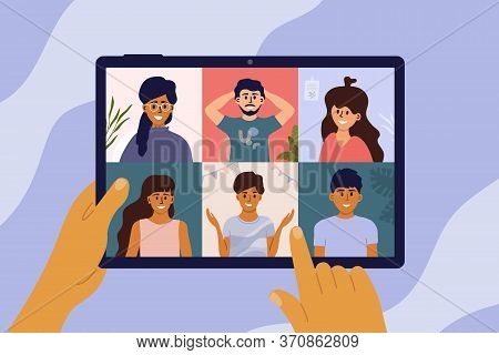 Video Call Of Group Of People. Hands Holding Digital Tablet With Online Conference On Screen. Friend