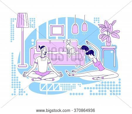 Doing Yoga Together Flat Silhouette Vector Illustration. Man And Woman Exercising At Home. Workout A