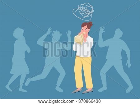 Hyperventilating Woman Flat Concept Vector Illustration. Girl With Panic Attack Breathing In Paper B