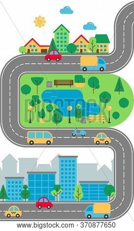 Flat City Urban Landscape. Cute Town Street With Downtown Business Buildings, Road, Suburb, Houses, 