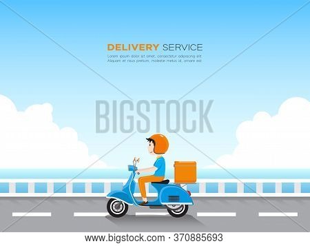 Delivery Man Riding Scooter With Delivery Case Box On The Road By The Blue Sea And Sky.  Delivery Se