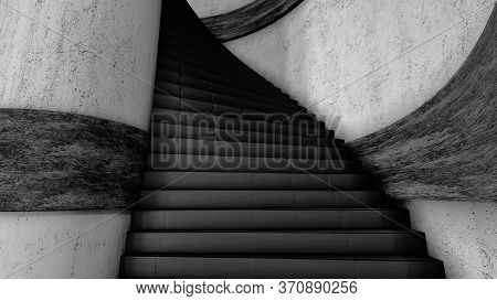 Climbing The Spiral Shaped Black Stairs Along Grey Walls, Seamless Loop. Animation. Minimalistic Vie