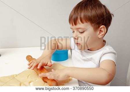 Little Boy Helps Mother To Cook  Making Homemade Coockies. Casual Lifestyle In Home Interior, Pretty