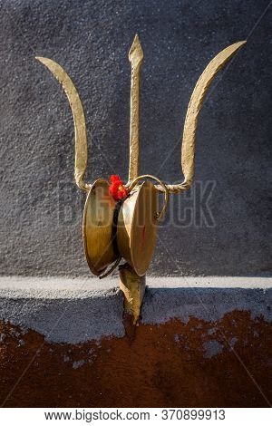 Trident Also Called Trishul At A Hindu Temple In Kathmandu Nepal. Trident Is Also A Symbol Of God Si