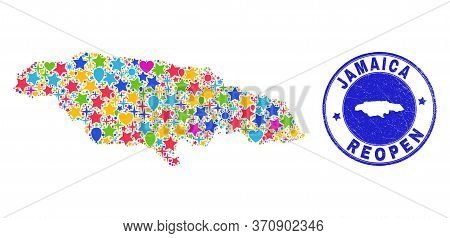 Celebrating Jamaica Map Collage And Reopening Unclean Seal. Vector Mosaic Jamaica Map Is Made With S
