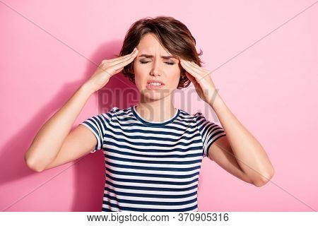 Portrait Of Frustrated Negative Girl Suffer From Hyper Tension Migraine Touch Hands Forehead Wear Go
