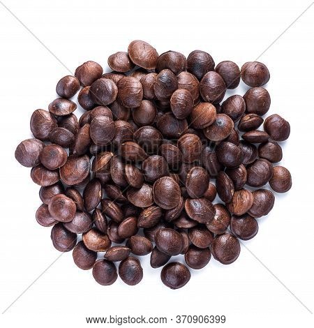 Legumes Of Sacha Inchi Or Inca Peanut. Dried Sacha Inchi Nuts Isolated Over White Background.
