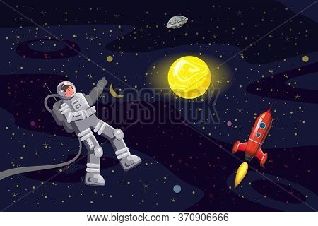 Space Card Background With Spaceman, Rocket, Ufo, Sun, Stars. Austronaut Panoramic Space Template. B