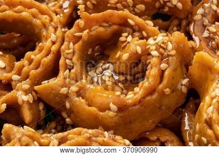 Moroccan festive homemade chebakia cookies close up full frame
