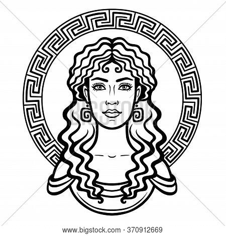 Linear Portrait Of The Young Greek Woman With A Traditional Hairstyle. Decorative Circle. Vector Ill