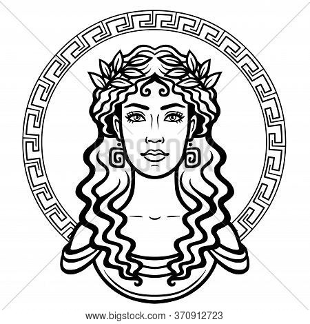 Linear Portrait Of The Young Greek Woman With A Traditional Hairstyle. Decorative Circle. Vector Ill