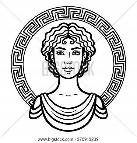 Linear Portrait Of The Young Greek Woman With A Traditional Hairstyle. Decorative Circle. Vector Ill
