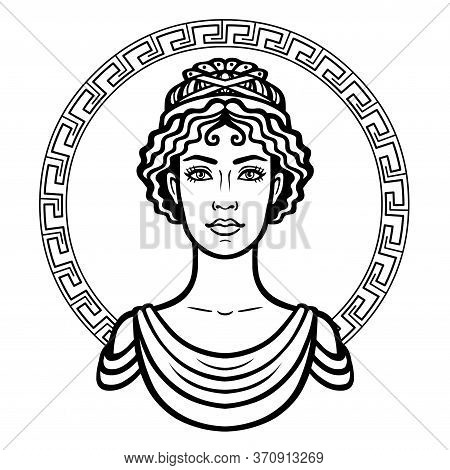 Linear Portrait Of The Young Greek Woman With A Traditional Hairstyle. Decorative Circle. Vector Ill