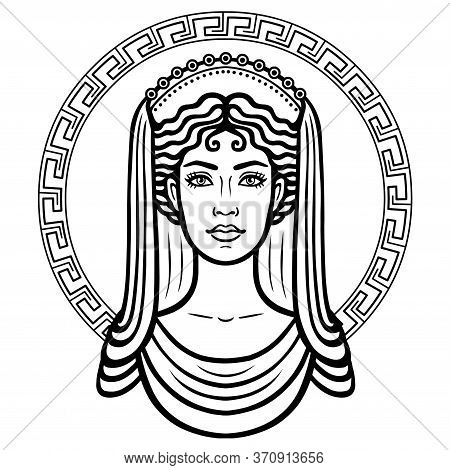 Linear Portrait Of The Young Greek Woman With A Traditional Hairstyle. Decorative Circle. Vector Ill