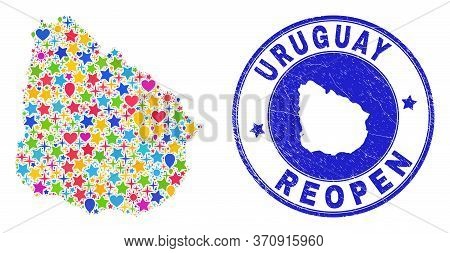 Celebrating Uruguay Map Mosaic And Reopening Unclean Watermark. Vector Mosaic Uruguay Map Is Formed 