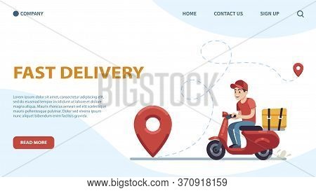 Delivery Landing Page. Courier, Guy On Moped Against Backdrop Of Cityscape, Riding On Gps Road To Cl