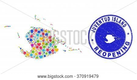 Celebrating Juventud Island Map Mosaic And Reopening Rubber Seal. Vector Mosaic Juventud Island Map 