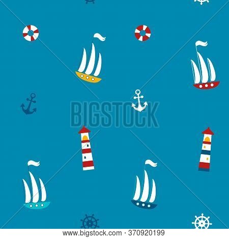 Lighthouse, Anchor, Swimming Circle And A Ship Vector Seamless Pattern. Nautical Kids Digital Paper 