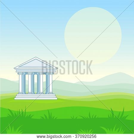 Animation Landscape: Mountain Valley, Antique Temple. Vector Illustration. The Place For The Text.