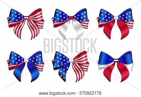 Set Of Isolated Bows With United States Flag Colors. American Bows.