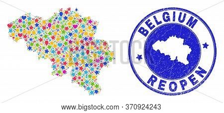 Celebrating Belgium Map Mosaic And Reopening Unclean Stamp. Vector Mosaic Belgium Map Is Organized O