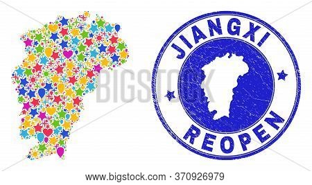 Celebrating Jiangxi Province Map Collage And Reopening Rubber Seal. Vector Collage Jiangxi Province 