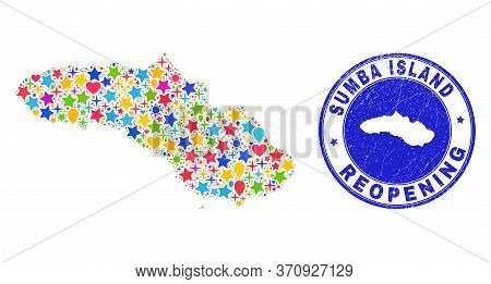 Celebrating Sumba Island Map Mosaic And Reopening Corroded Stamp Seal. Vector Mosaic Sumba Island Ma