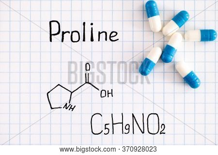 Chemical Formula Of Proline With Some Pills. Close-up.