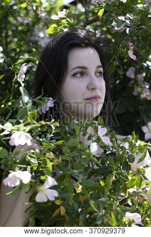 Attractive Young Brunette Woman In Yellow T-shirt. In A Bush Full Of Floweers. Copy Space.