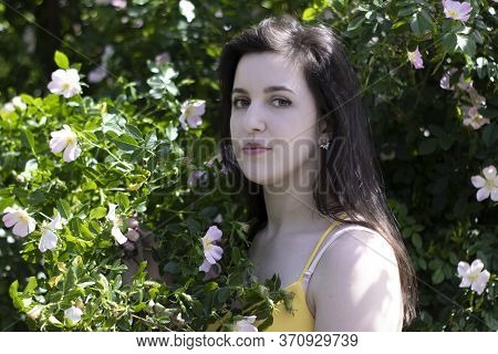 Attractive Young Brunette Woman In Yellow T-shirt. In A Bush Full Of Floweers. Copy Space.