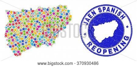 Celebrating Jaen Spanish Province Map Collage And Reopening Rubber Seal. Vector Collage Jaen Spanish