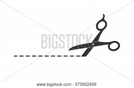 Vector Illustration. Scissors And Cut Line, Isolated On White Background, Simple Flat Design