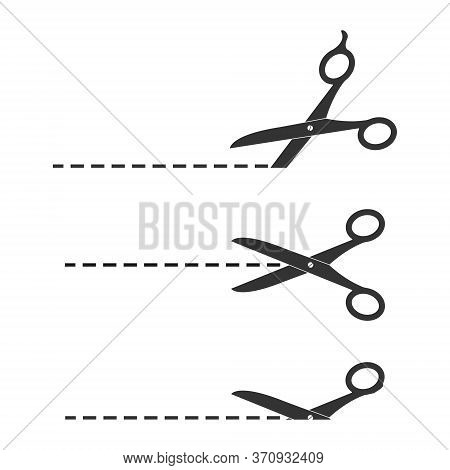 Vector Illustration. Set Of Scissors And Cut Line, Isolated On White Background, Simple Flat Design