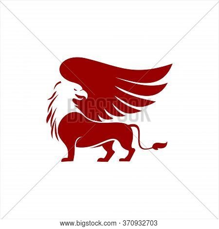Simple Red Griffin Vector Winged Animal. Ancient Heraldic  Clip Art Logo Design Template