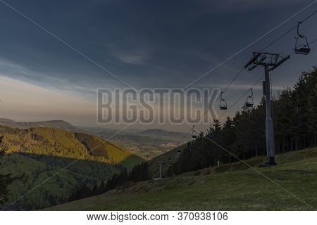 Color Spring Morning View From Pustevny In Beskydy Mountains With Cable Car