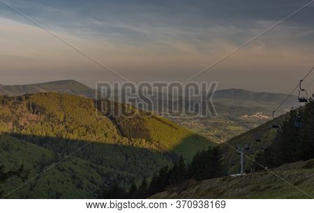 Color Spring Morning View From Pustevny In Beskydy Mountains With Cable Car