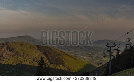 Color Spring Morning View From Pustevny In Beskydy Mountains With Cable Car