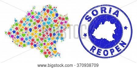 Celebrating Soria Province Map Mosaic And Reopening Dirty Watermark. Vector Mosaic Soria Province Ma