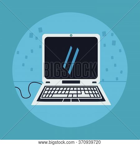 Simple Vector Design Of A Laptop Or Portatil With In A Circle With Particles Background