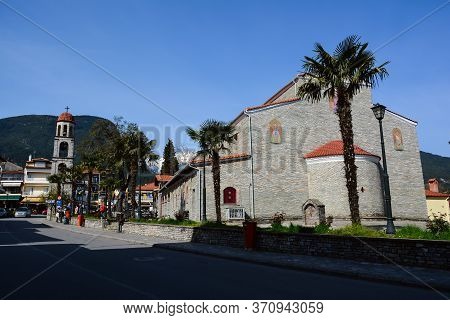 Litochoro, Greece - April 12, 2015: St Nicolas Church Located At The Main Square Of Litohoro Village