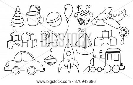 A Set Of Cute Toys For Little Boy. Hand Drawn Doodle Set Of Elements. Black Outline Isolated On Whit