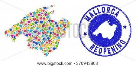 Celebrating Mallorca Map Collage And Reopening Textured Stamp. Vector Collage Mallorca Map Is Compos
