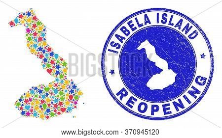 Celebrating Isabela Island Of Galapagos Map Mosaic And Reopening Rubber Seal. Vector Mosaic Isabela 