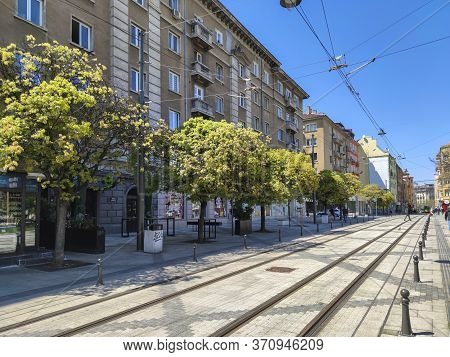 Sofia, Bulgaria - April 24, 2020:  Sunset View Of Graf Ignatiev Street In Sofia, Bulgaria