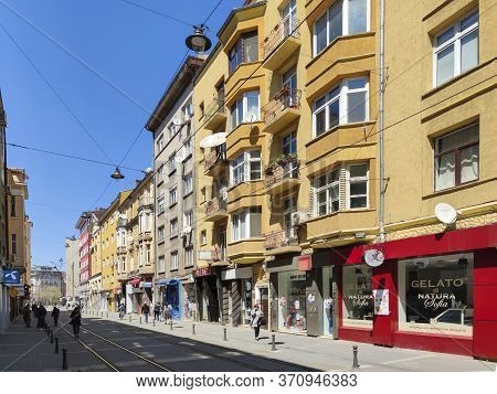 Sofia, Bulgaria - April 24, 2020:  Sunset View Of Graf Ignatiev Street In Sofia, Bulgaria