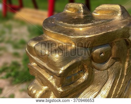 Fragment Of Gold Guardian Lion Statue At The New Ustuu Huree Temple In Tuva, Russia