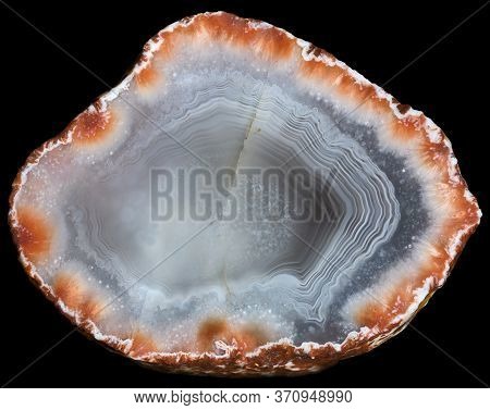 Slice Of Agate Geode With Red Zeolites On The Periphery. Russia, Kemerovo Region