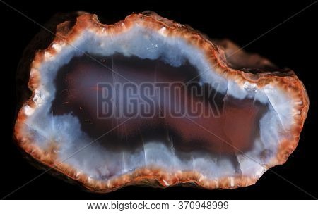 Slice Of Geode With Red And Blue Chalcedony And Red Zeolite Crystals On The Periphery. Russia, Kemer